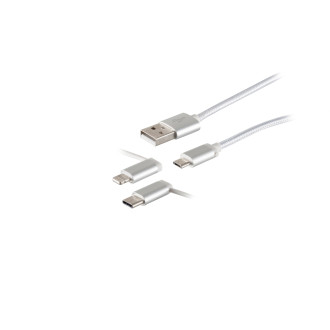 USB-A charging cable, 3in1, nylon, white, 1m