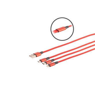 USB-A charging cable, 3-way, alu, red, 1.2m