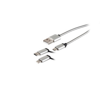 USB-A charging cable, 3in1, steel, silver, 1m